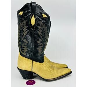 Corral Women's Genuine Lizard Black/Gold Stitched Leather Cowgirl Boots Size 8.5